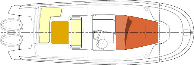 Planta interior Silver 280: camarote para dos y baño compartimentado