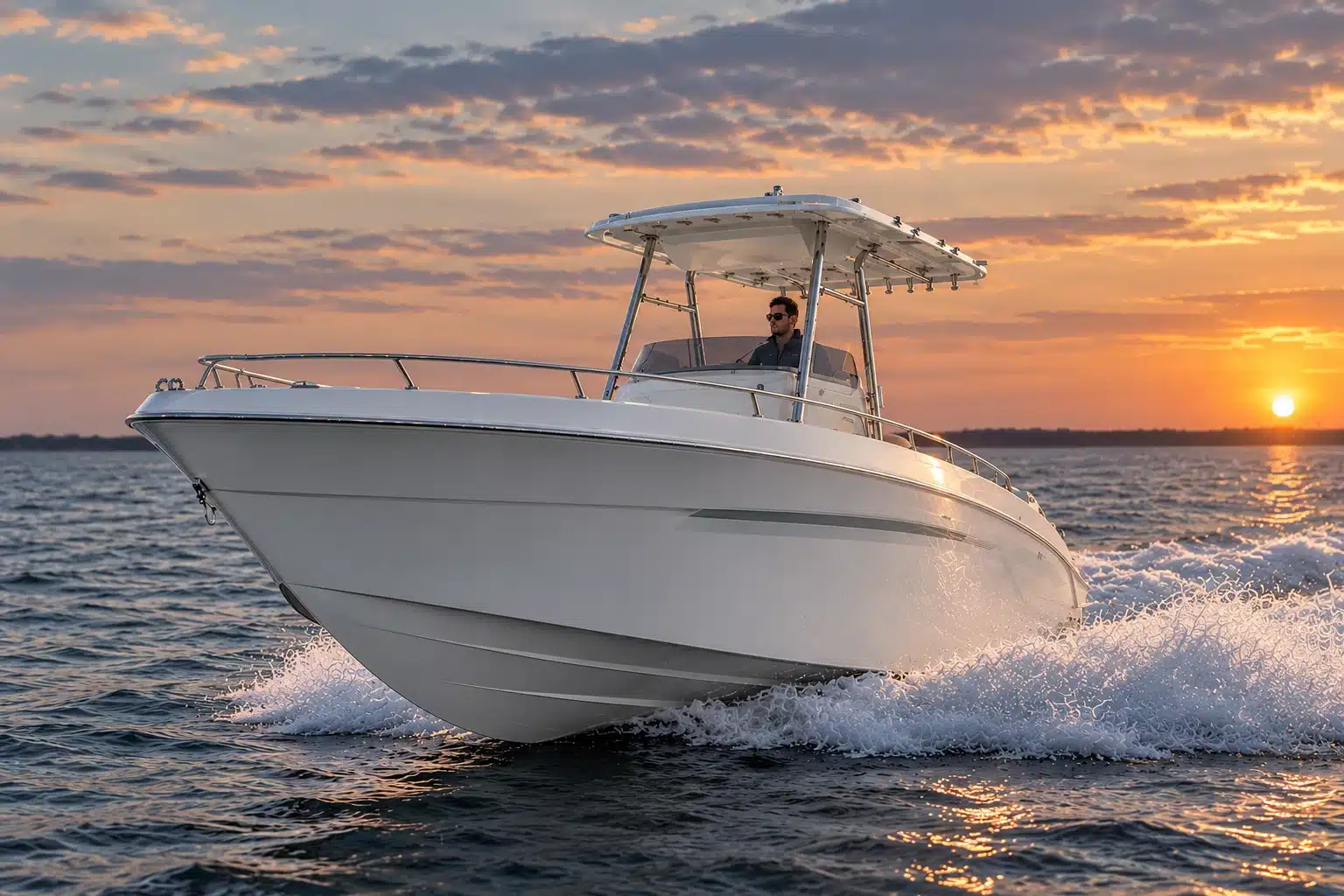 Lancha Silver 280 consola central navegando al atardecer